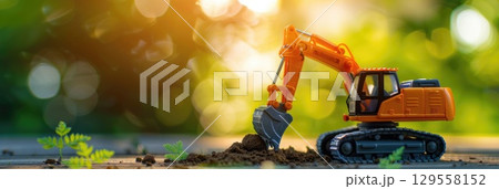 Child's yellow toy digger on grassy background - fun horizontal banner concept for builders. Dedicated text area perfect for marketing messages or slogan 129558152