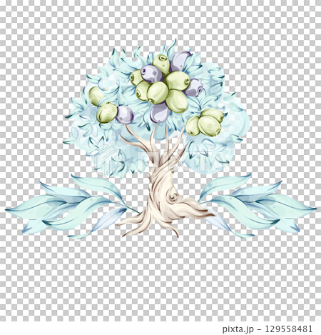 Olive tree with olives and olive oil illustrated in watercolor style showcasing beauty of nature and Italian cuisine frame, border, arrangement Olive tree with olives and olive oil illustrated in watercolor style showcasing beauty of nature and Italian cuisine frame, border, arrangement 129558481