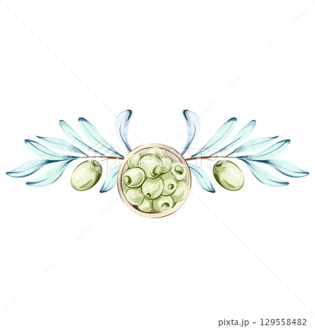 Watercolor illustration of olives and olive oil celebrating Italian cuisine and nature's beauty frame, border, arrangement Watercolor illustration of olives and olive oil celebrating Italian cuisine and nature's beauty frame, border, arrangement 129558482