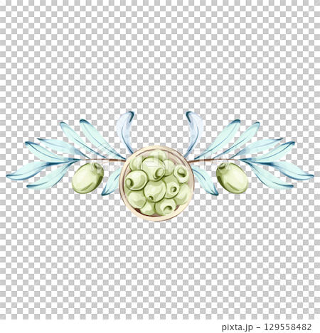 Watercolor illustration of olives and olive oil celebrating Italian cuisine and nature's beauty frame, border, arrangement 129558482