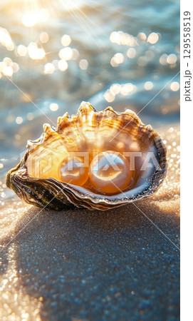 Stunning Oyster Shell With Pearls Resting on Sandy Beach at Sunrise 129558519