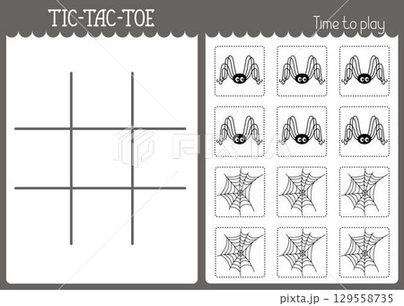 Tic-tac-toe or noughts and crosses kids game grid template, spider, cobweb to cut out, fun educational activity for logic thinking development, printable worksheet for board game, teacher resources 129558735