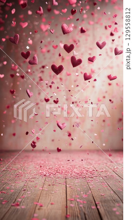 Floating Red Hearts Create a Romantic Atmosphere in a Festive Setting. Floating Red Hearts Create a Romantic Atmosphere in a Festive Setting. 129558812