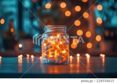Colorful Pills in a Glass Jar Illuminated by Soft City Lights at Night. 129558815