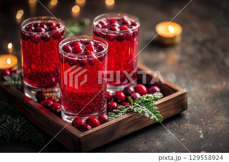 Festive Cranberry Drinks Served in Glasses on a Wooden Tray With Seasonal Decorations 129558924