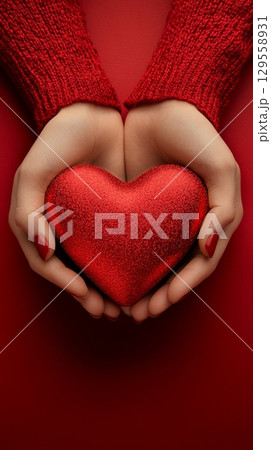 Heart Shaped Gift Box Held by Hands on Vibrant Red Background for Special Occasions. 129558931