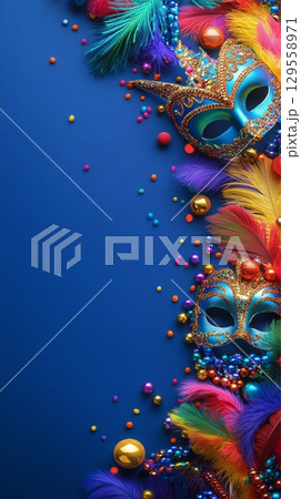 Vibrant Carnival Masks With Colorful Feathers and Beads Create Festive Decor Vibrant Carnival Masks With Colorful Feathers and Beads Create Festive Decor 129558971