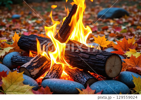 burning logs surrounded by autumn leaves and stones. 129559024
