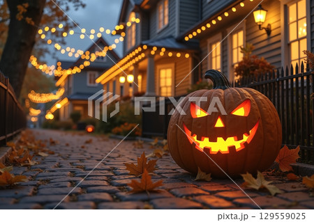 Glowing jack-o-lantern on a cobblestone street. 129559025