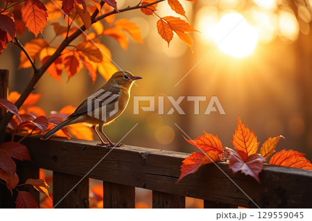 Small bird on a wooden railing. 129559045