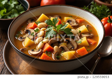 Delicious vegetable soup in a bowl. 129559053
