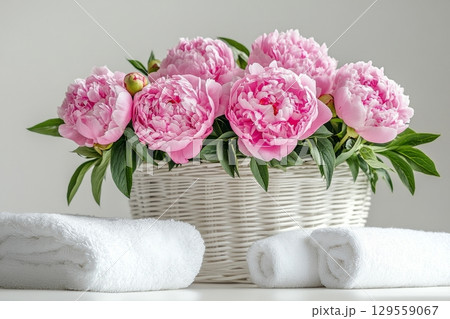 Beautiful Peonies in a White Basket With Fresh Towels Arranged for Relaxation at a Spa Setting Beautiful Peonies in a White Basket With Fresh Towels Arranged for Relaxation at a Spa Setting 129559067