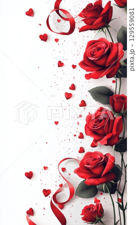 Beautiful Red Roses and Hearts Arranged on a Light Background for a Romantic Occasion Celebration. 129559081