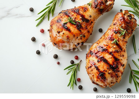 Grilled Chicken Drumsticks Seasoned With Herbs and Spices on a Marble Surface 129559098