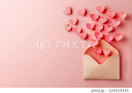Colorful Hearts Emerge From an Envelope on a Pink Background for a Romantic Theme 129559143