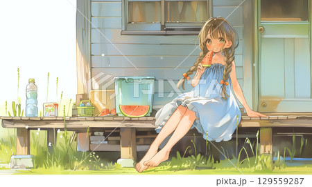 スイカを食べる女の子 129559287