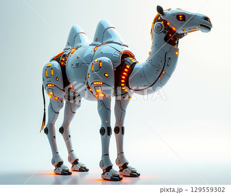 Futuristic robotic camel stands against a light backdrop showcasing advanced design and technology 129559302
