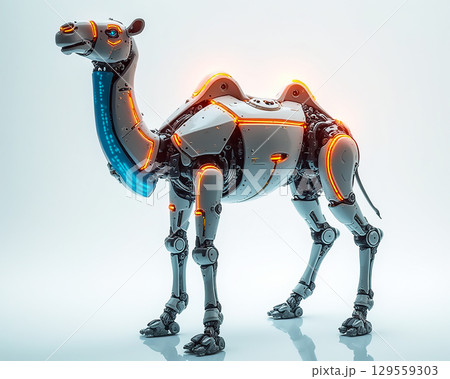 Robotic camel stands in a futuristic setting with glowing elements and intricate mechanical details 129559303