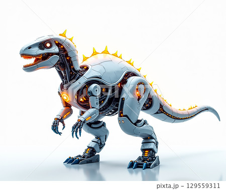 Futuristic robotic dinosaur with intricate design and glowing features stands in a bright setting 129559311