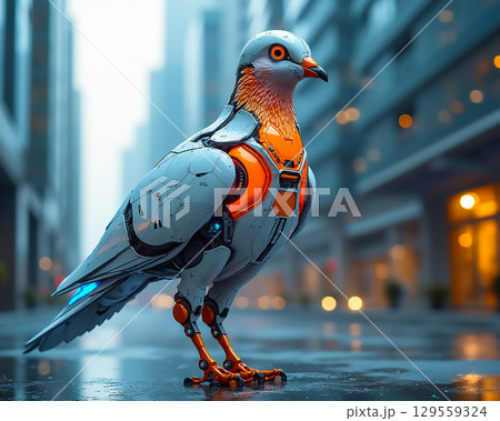 Futuristic robotic pigeon stands in a city street showcasing advanced technology and design 129559324