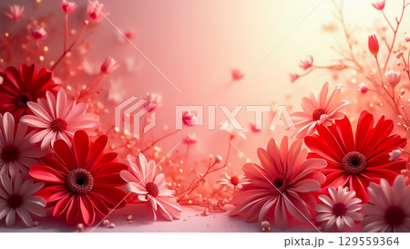 Beautiful arrangement of red and pink flowers with delicate petals creating a soft and vibrant atmosphere 129559364