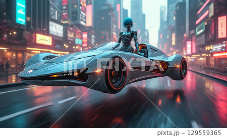 Futuristic vehicle gliding through a neon-lit city at night with a cybernetic figure Futuristic vehicle gliding through a neon-lit city at night with a cybernetic figure 129559365