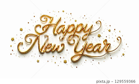 Golden text wishing happy new year decorated with sparkling stars and glitter enhances festive atmosphere for celebration 129559366