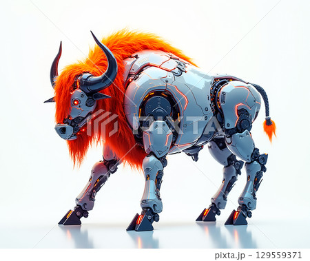 Robot buffalo with orange mane showcases futuristic design and technology in a sleek, minimalist style 129559371