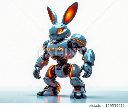 Futuristic robotic rabbit stands tall in a high-tech design, showcasing bright glowing accents and advanced features 129559411