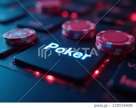 Engaging poker game on a keyboard with colorful chips at night creating a lively atmosphere Engaging poker game on a keyboard with colorful chips at night creating a lively atmosphere 129559490