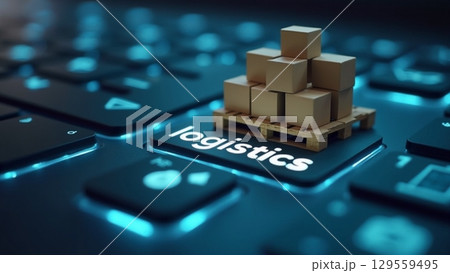 Logistics on keyboard with wooden pallet stacked with boxes representing the supply chain management concept Logistics on keyboard with wooden pallet stacked with boxes representing the supply chain management concept 129559495