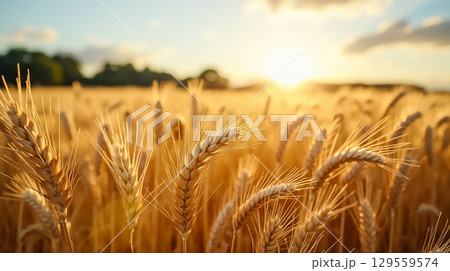 Wheat field in golden light at sunset highlighting the beauty of nature Wheat field in golden light at sunset highlighting the beauty of nature 129559574
