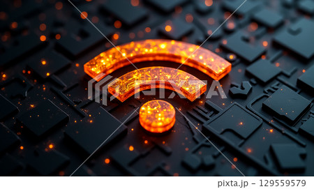 Wi-Fi symbol glowing with orange sparks on a black circuit board background in a modern digital setting Wi-Fi symbol glowing with orange sparks on a black circuit board background in a modern digital setting 129559579