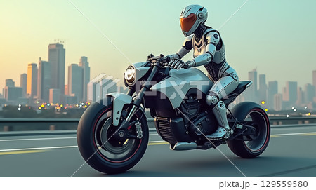 Rider in futuristic suit cruising on sleek motorcycle through city skyline during sunset 129559580