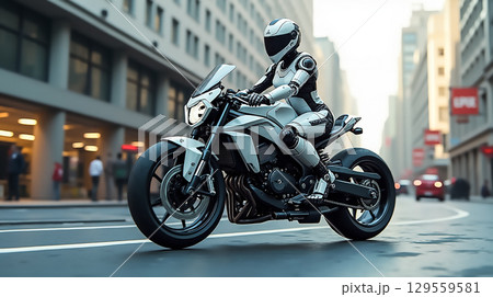 Rider in futuristic suit navigating city streets on a sleek motorcycle during a bright day Rider in futuristic suit navigating city streets on a sleek motorcycle during a bright day 129559581