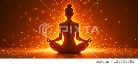 A person meditating in a serene pose surrounded by warm glowing sparkles during a calm evening A person meditating in a serene pose surrounded by warm glowing sparkles during a calm evening 129559582