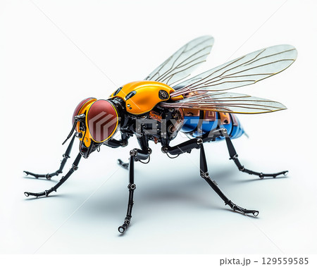 Robot bee with metallic body and intricate design on a white background 129559585