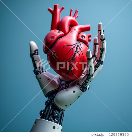 Robotic hand gripping a human heart symbolizing technology and humanity in harmony Robotic hand gripping a human heart symbolizing technology and humanity in harmony 129559590