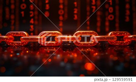 Vibrant digital chain graphics against a backdrop of binary code illuminated in red hues 129559591
