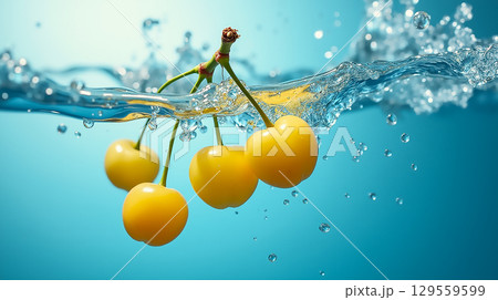 Fresh yellow cherries splashing into clear water creating vibrant bubbles and ripples Fresh yellow cherries splashing into clear water creating vibrant bubbles and ripples 129559599