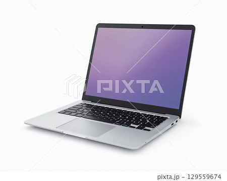 Laptop with blank screen positioned at an angle on a light background showcasing modern technology and design details 129559674