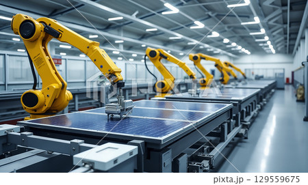 Robotic arms assembling solar panels in a modern manufacturing facility during daylight hours 129559675