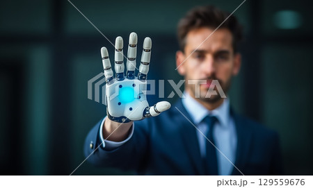 Robot hand demonstration showcases advanced technology in human interaction at a modern business conference 129559676