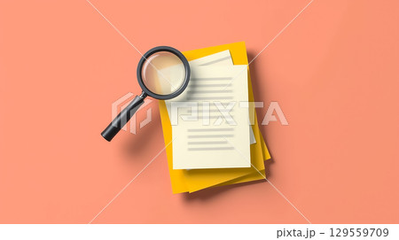 Documents stacked on a peach background with a magnifying glass highlighting text 129559709