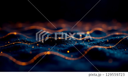 Waves of light dance across a textured surface in a dark setting infused with glowing particles 129559723