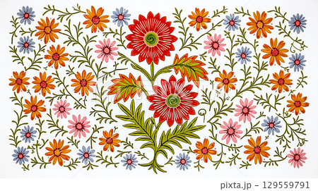 Colorful floral design featuring intricate patterns of flowers and leaves in vibrant hues commonly found in textile art Colorful floral design featuring intricate patterns of flowers and leaves in vibrant hues commonly found in textile art 129559791