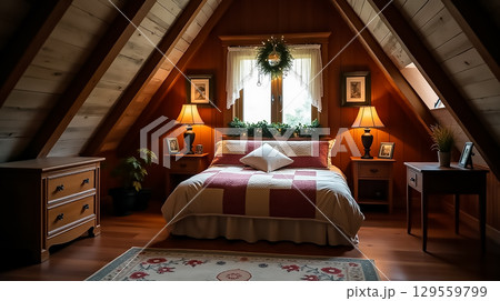 Cozy attic bedroom with natural wood accents and warm lighting, inviting relaxation and comfort for quiet nights 129559799