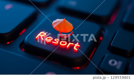 Miniature beach umbrella on a keyboard key labeled resort, symbolizing travel and vacation planning online 129559801