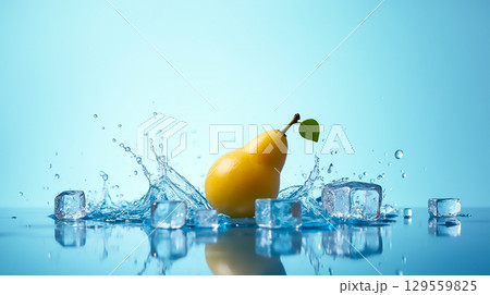 Yellow pear splashes in water surrounded by ice cubes against a blue background 129559825
