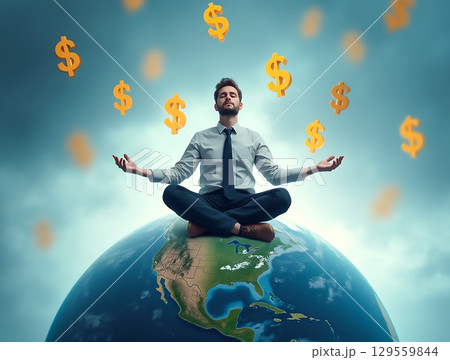 Meditating businessman sits cross-legged on globe surrounded by floating dollar signs Meditating businessman sits cross-legged on globe surrounded by floating dollar signs 129559844